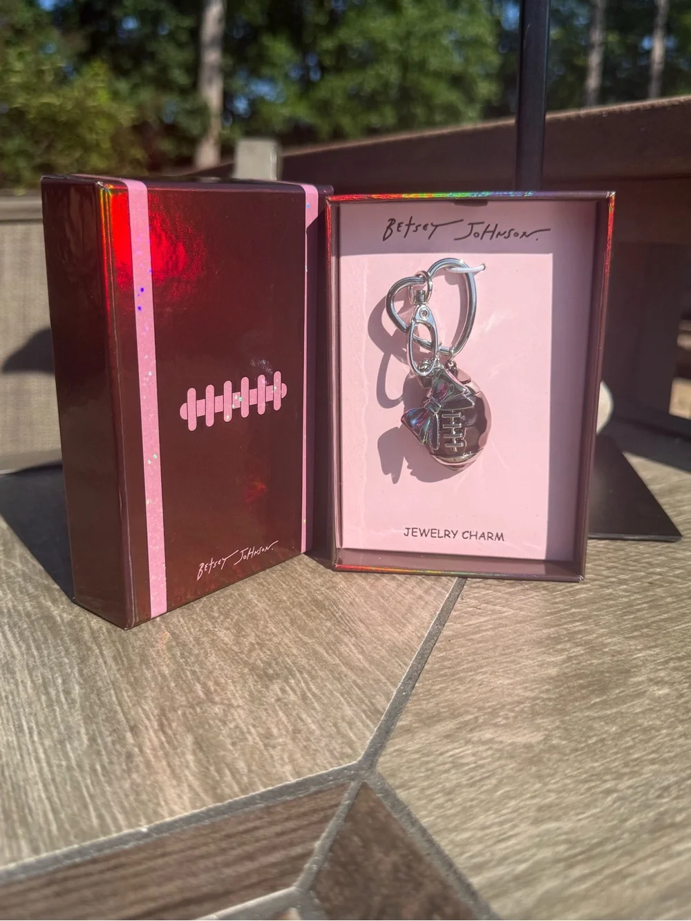 NWT Betsey Johnson Silver Football Charm Keyring with Pink Gift Box